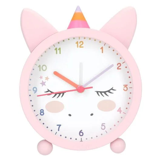 Ylvi Unicorn Alarm Clock front view with pink case, ears, horn and colourful hands in Ireland.