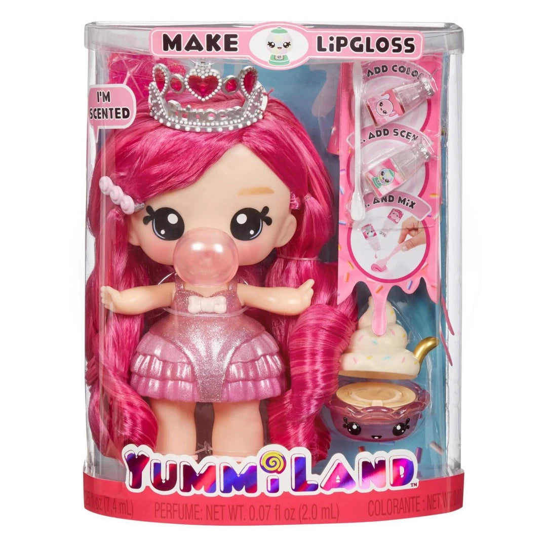 Yummiland Bianca Bubblegum doll in box with lip gloss pet, crown headpiece and make lipgloss panel