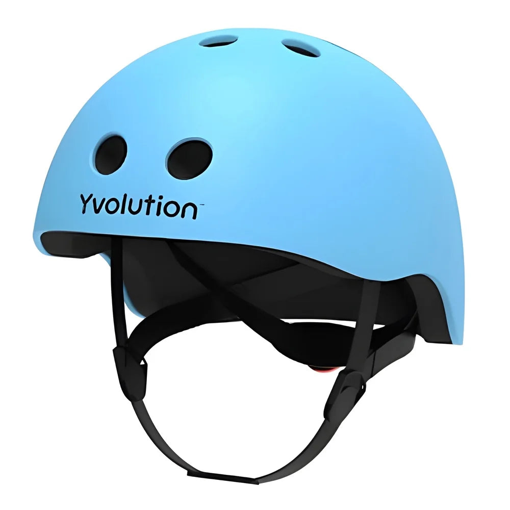 Blue Yvolution kids helmet front angled view showing shell shape, ventilation holes, and strap system on a white background