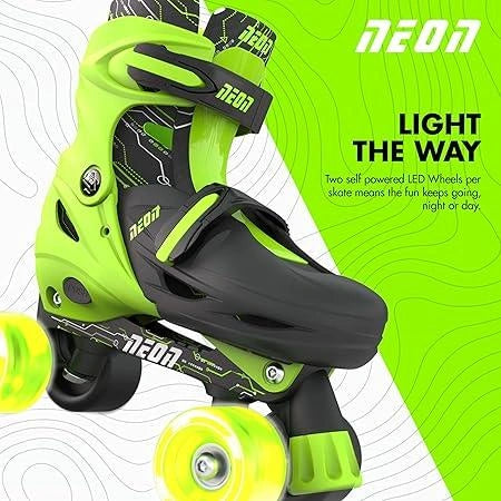 Yvolution Neon Combo Skates Green with light up wheels shown in quad mode