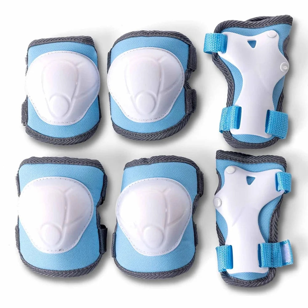 Blue Yvolution kids safety pad set with knee elbow and wrist guards laid out on a white background