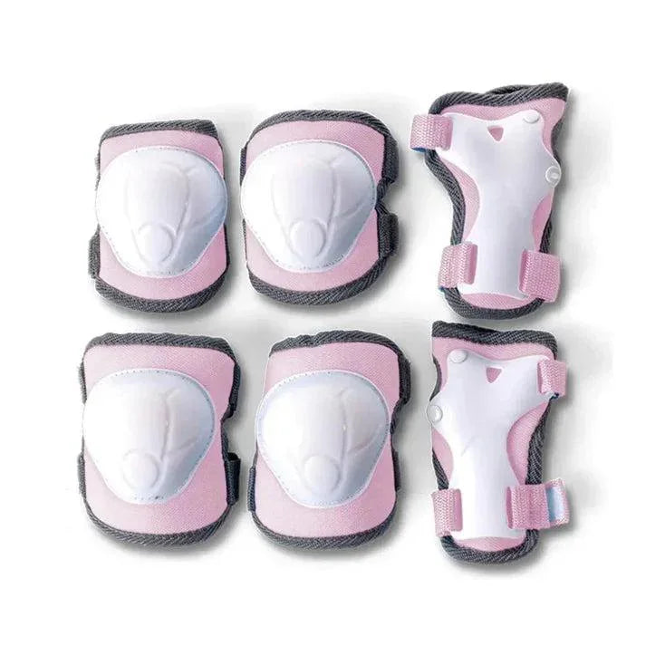 Pink multi piece safety pad set for young riders displayed neatly on a white background