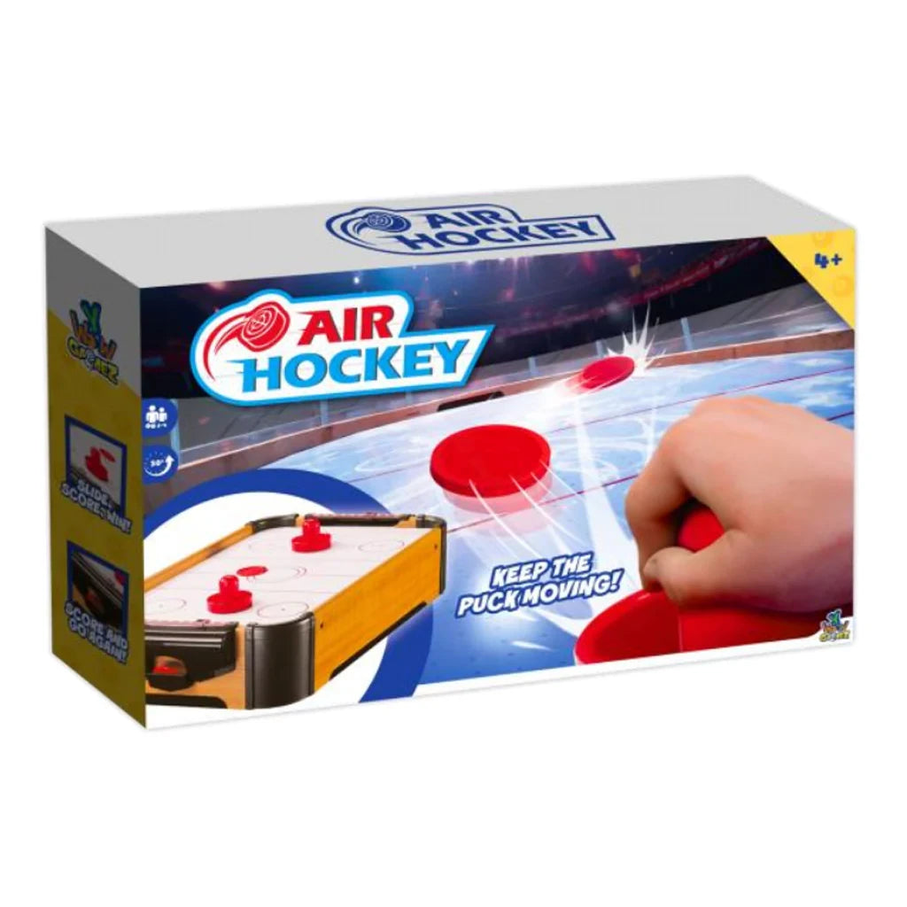 Front of Air Hockey tabletop game box showing a hand holding a red mallet and puck