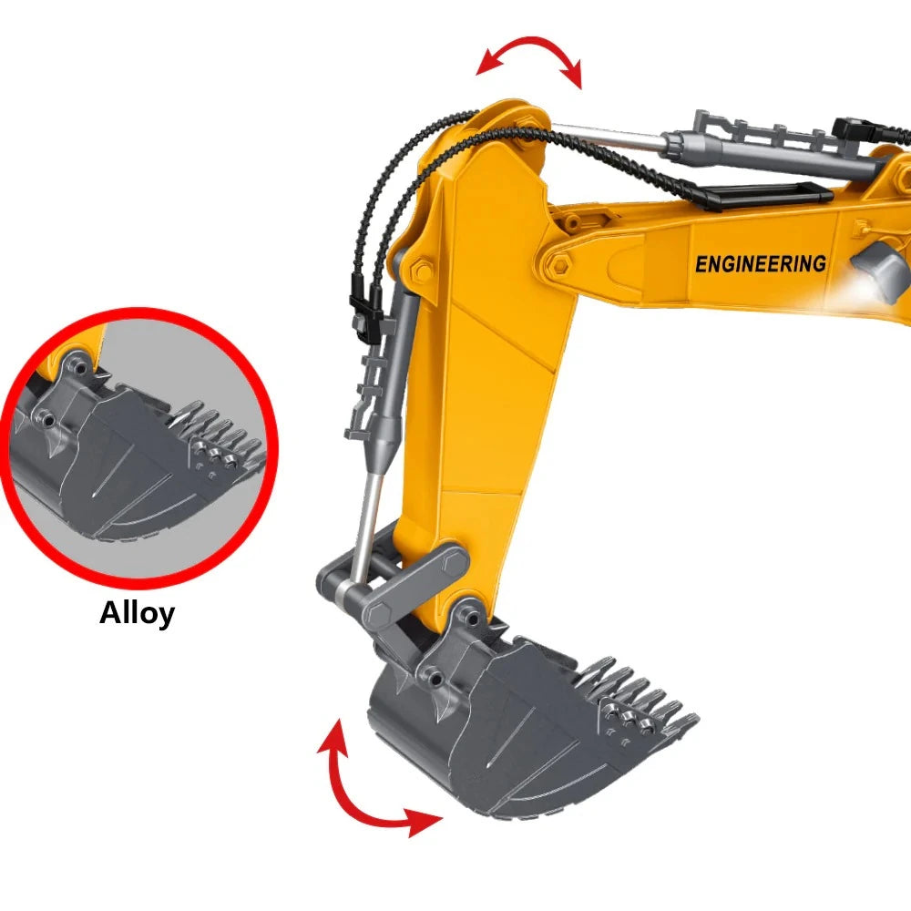Yellow excavator arm and grey bucket feature image with movement arrows and alloy close-up