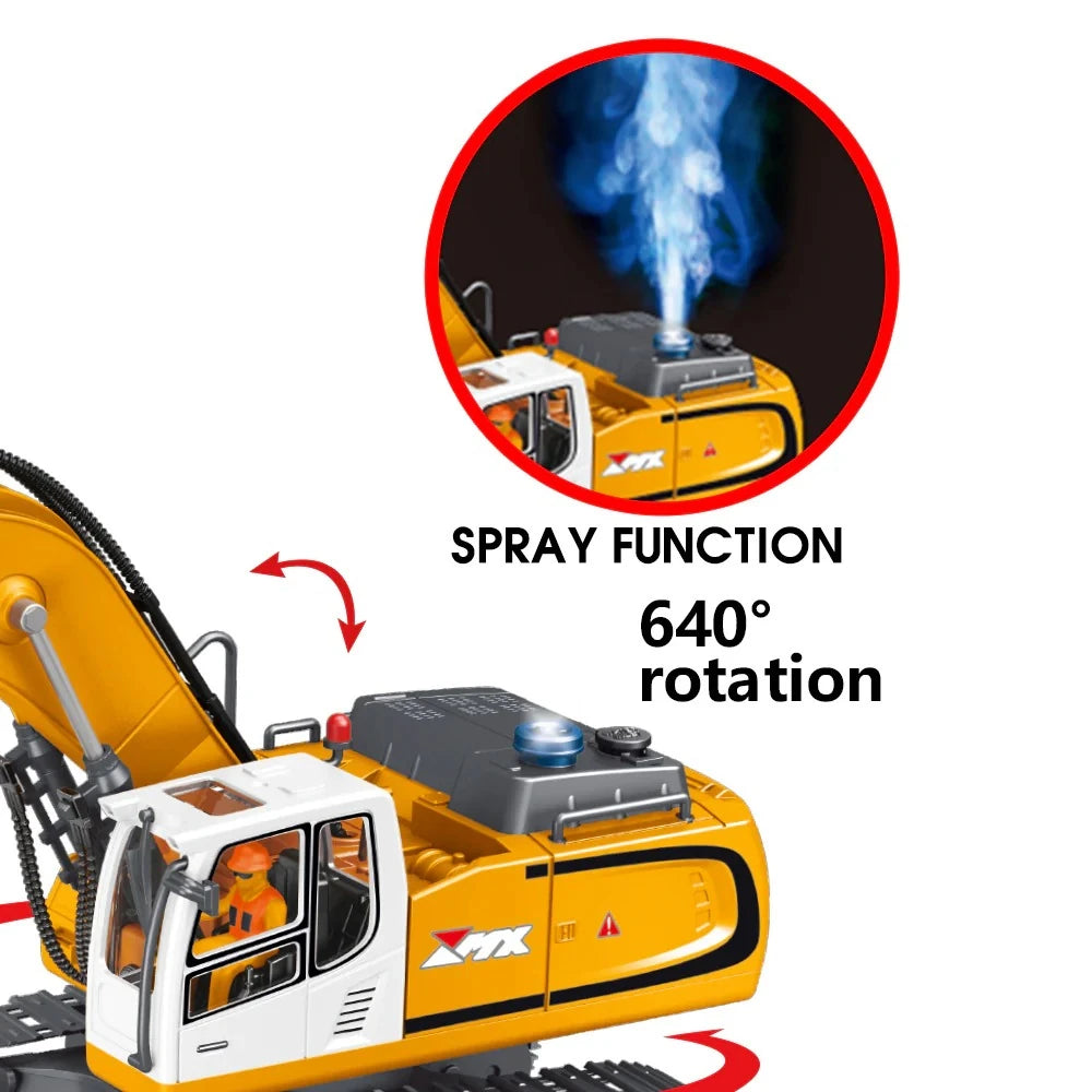 Yellow ZMX excavator feature image showing spray function smoke and 640 degree rotation text