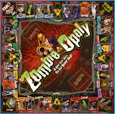 Overhead view of Zombie Opoly board with cards, money, and zombie spaces in Ireland