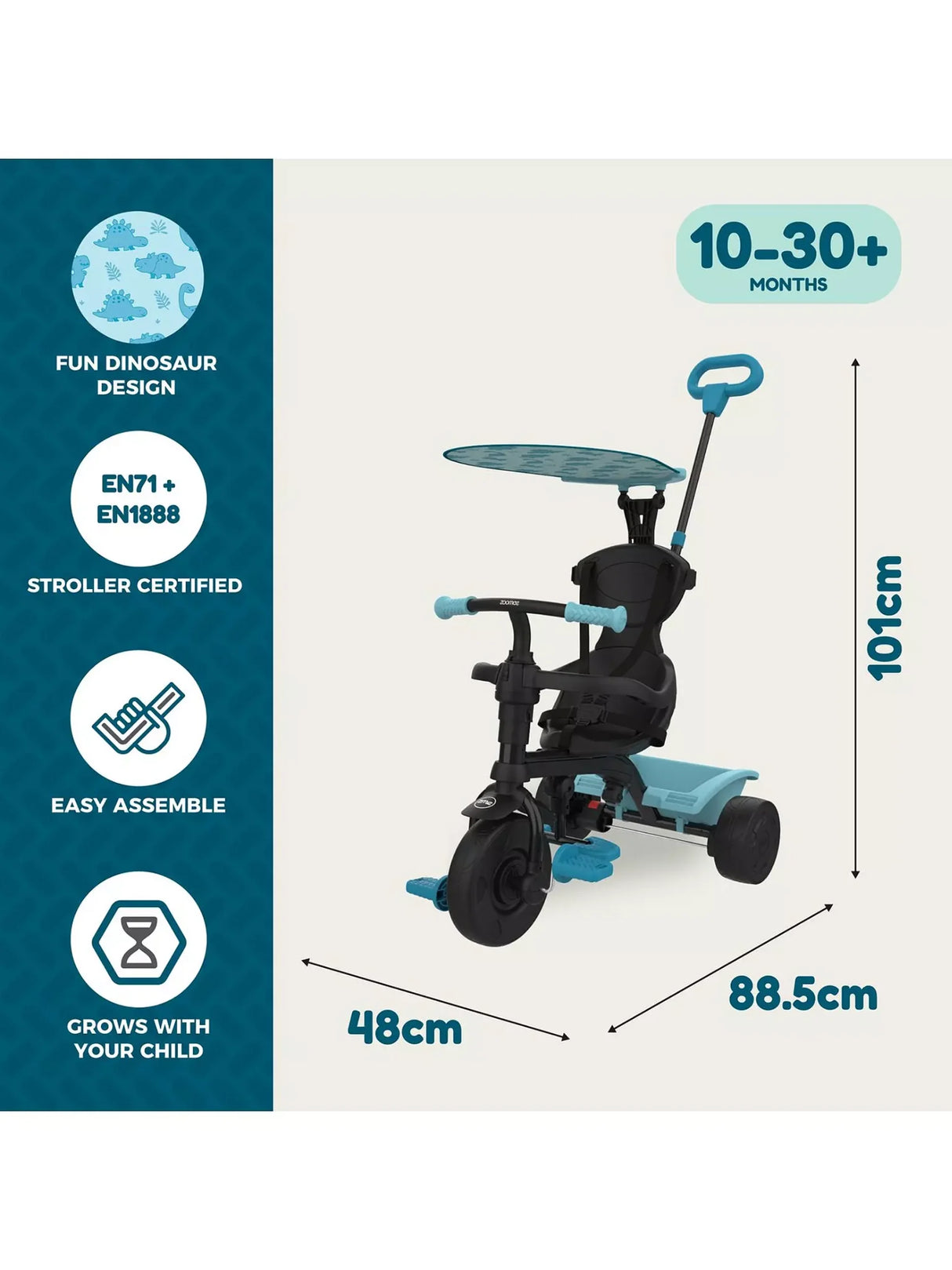 Zoomee 4 in 1 Dino Discovery Trike with product dimensions and features displayed