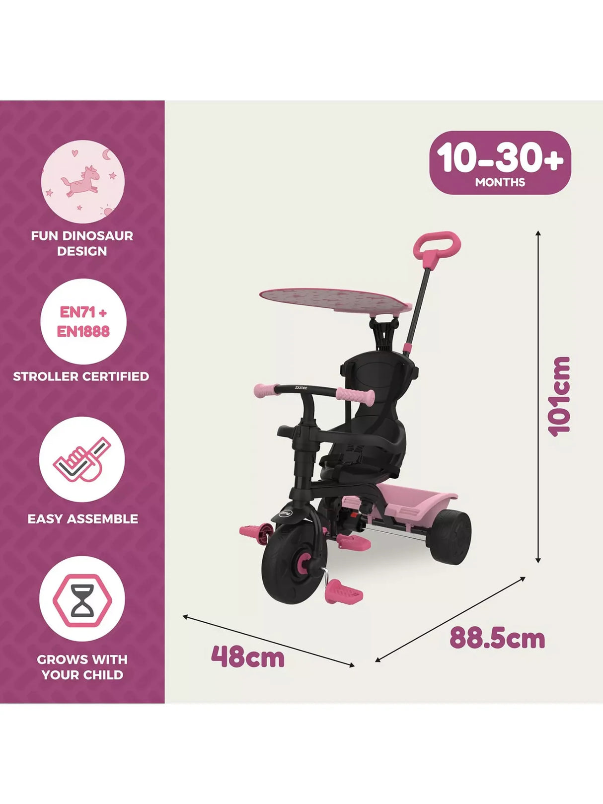 Zoomee 4 in 1 Unicorn Dream Trike with dimensions and features displayed