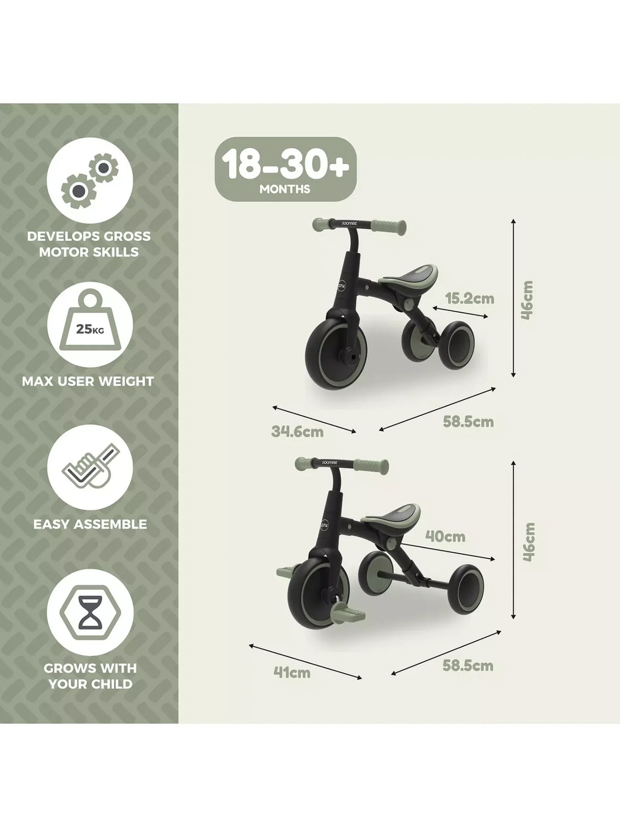 Zoomee Balance Bike to Trike product dimensions and features graphic