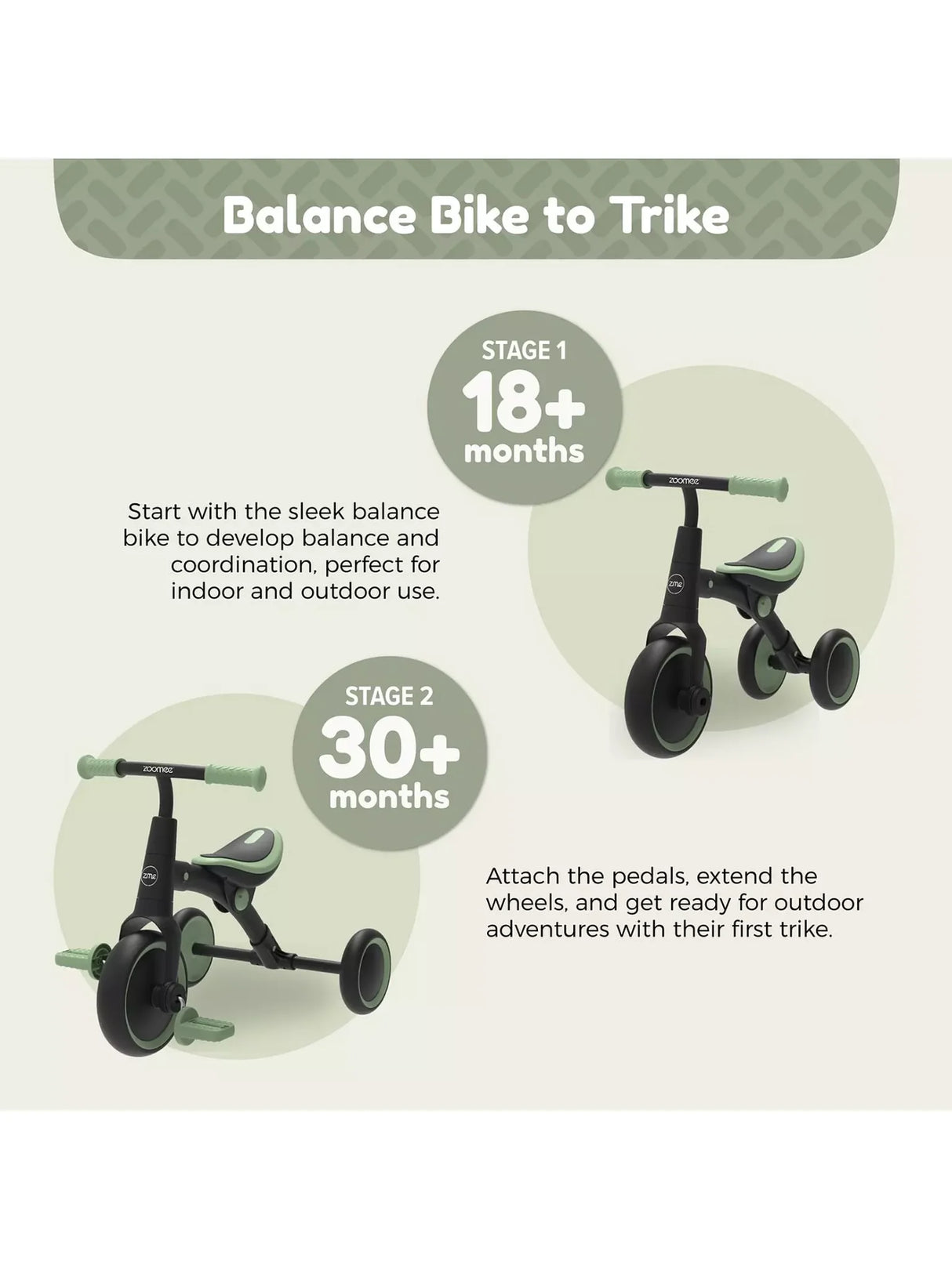 Zoomee Balance Bike to Trike showing 2-in-1 balance bike and trike stages