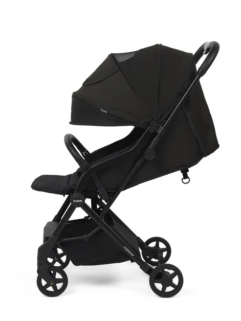 Zummi Explorer Compact Stroller Black side profile extended canopy Ireland