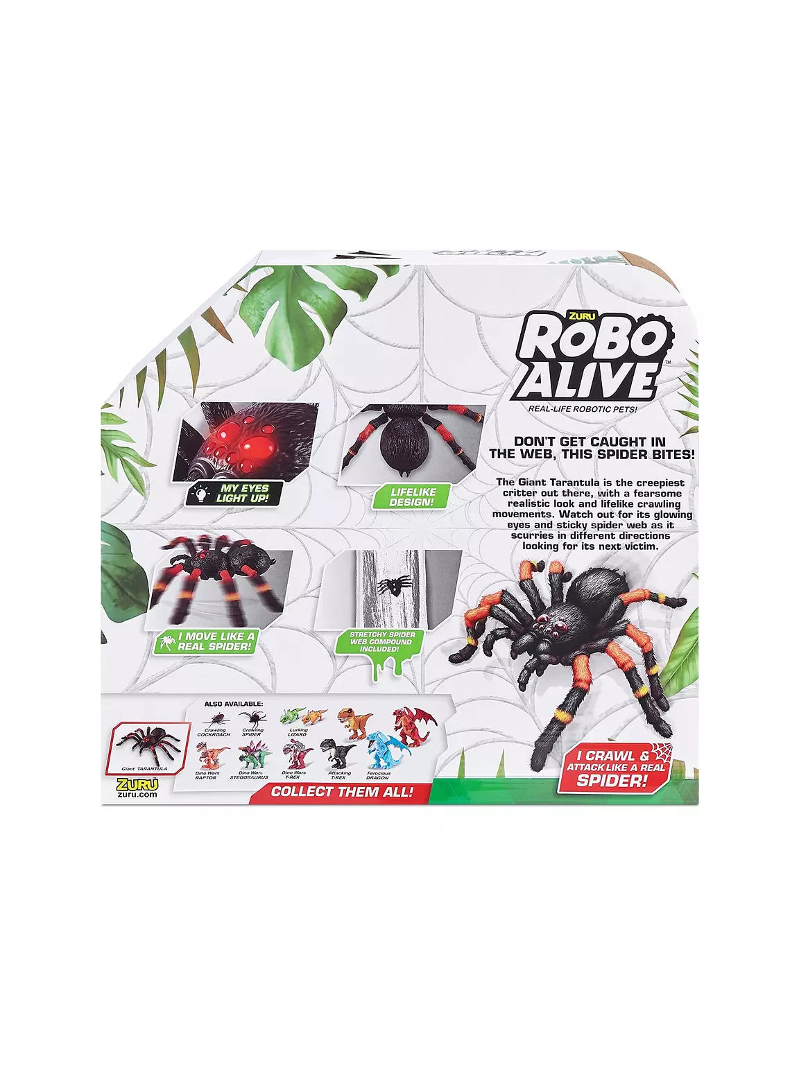 Back of Zuru Robo Alive Giant Tarantula packaging showing light up eyes, movement and web compound feature panels
