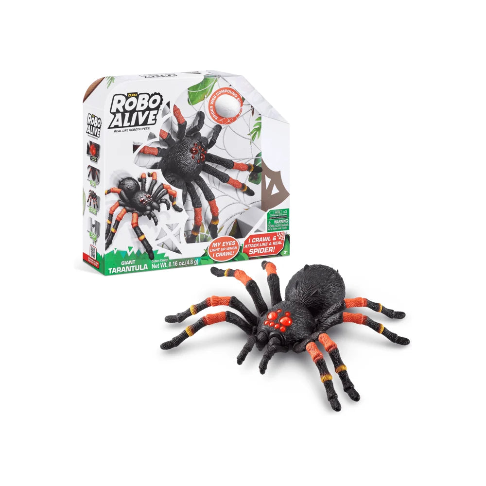 Zuru Robo Alive Giant Tarantula toy beside its retail packaging