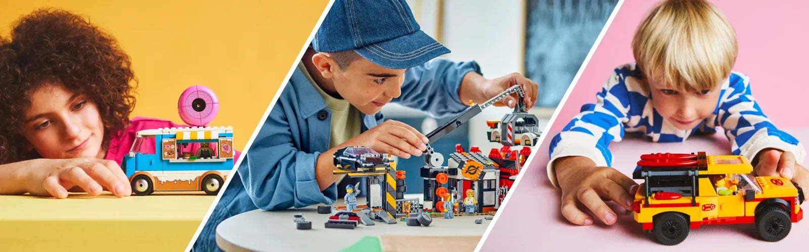 LEGO City children playing with an ice-cream truck, a repair garage crane scene, and a yellow off-road SUV on studio backdrops in Ireland.