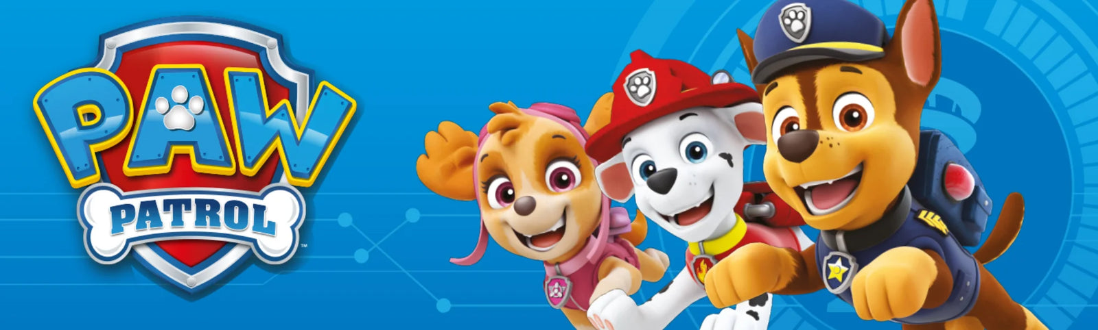 Paw Patrol logo with Skye, Marshall and Chase characters on blue background – ideal for kids’ toys and play in Ireland