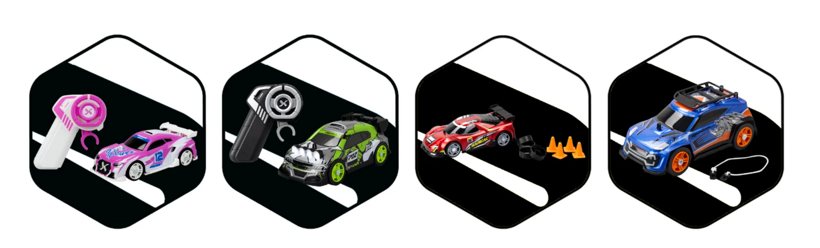 Four colourful remote control toy cars with controllers and accessories on black and white background – Radio Control Cars and Vehicles in Ireland