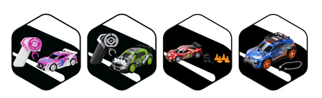 Four colourful remote control toy cars with controllers and accessories on black and white background – Radio Control Cars and Vehicles in Ireland