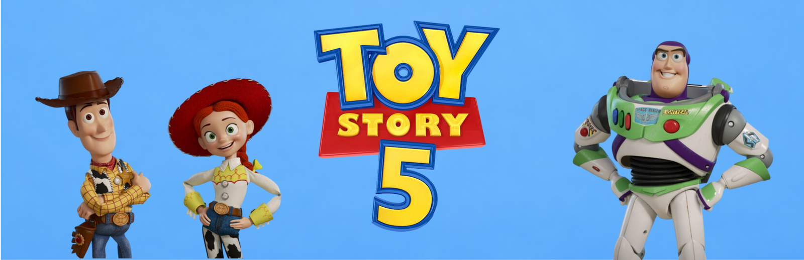 Alt: Toy Story 5 logo centred on a blue background with Woody, Jessie, and Buzz Lightyear standing on either side. 