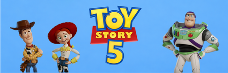 Alt: Toy Story 5 logo centred on a blue background with Woody, Jessie, and Buzz Lightyear standing on either side. 