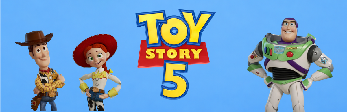 Alt: Toy Story 5 logo centred on a blue background with Woody, Jessie, and Buzz Lightyear standing on either side. 
