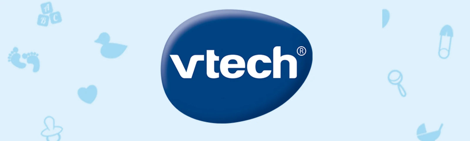 VTech logo on light blue background with baby icons, ideal for VTech toys and nursery products in Ireland