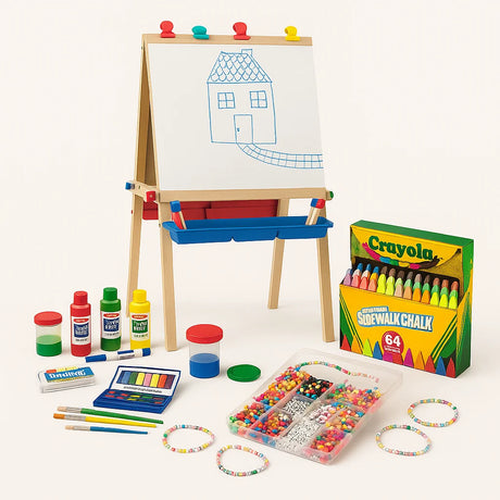 Arts and crafts supplies including paints, chalk, beads, and easel on display – Ireland.