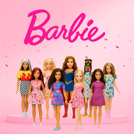 Barbie dolls in colourful dresses on a pink background with Barbie logo – Ireland