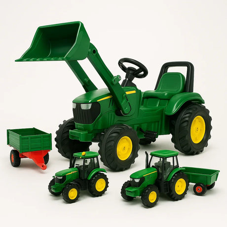 Ride-on toy tractor with front loader, toy-scale tractors, and trailers on plain background – Ireland