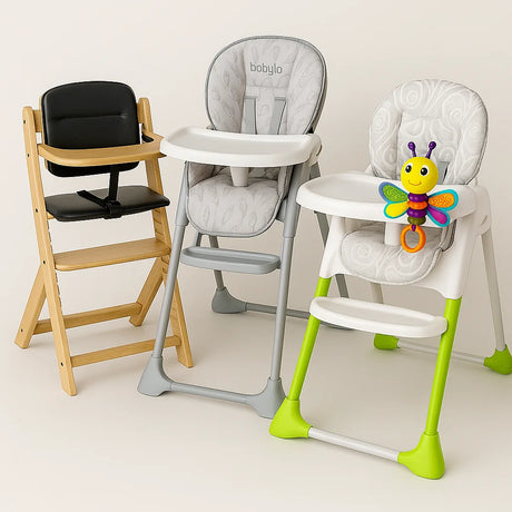Three highchairs in different styles including wooden and padded models – Ireland