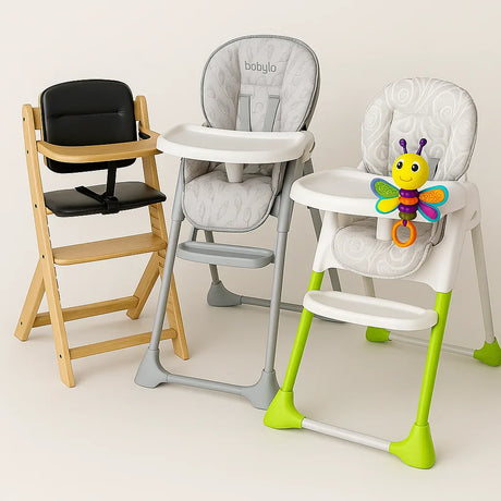 Three highchairs in different styles including wooden and padded models – Ireland