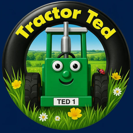 Smiling green Tractor Ted character inside a black tire frame with yellow flowers and countryside background – Ireland.