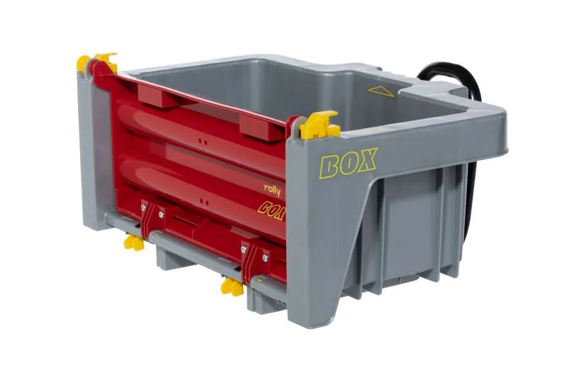 Grey Rolly transport box with metal frame and rear gate shown on a clean white background