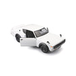 White 1:24 Nissan Skyline 2000GT-R model in angled front view with the driver door open, showing the black interior and front grille badge