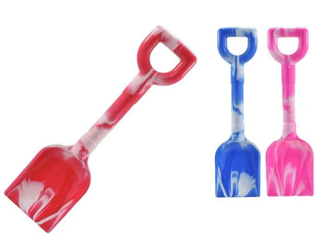Blue, pink and red marble-effect scoop spades with rounded handles and scoop ends 