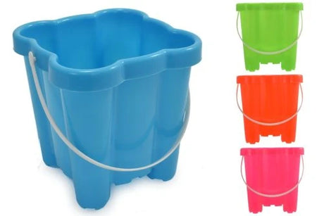 16cm Plastic Square Neon Castle Bucket shown in blue with green, orange and pink colour examples