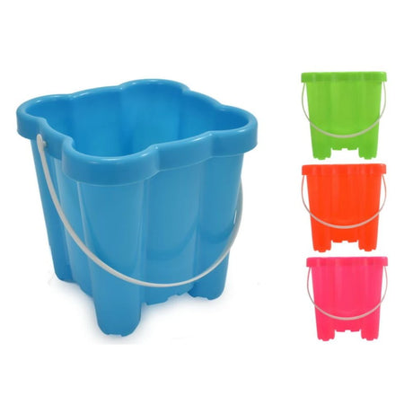 16cm Plastic Square Neon Castle Bucket centred in blue with green, orange and pink colour examples to the side