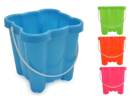 16cm Plastic Square Neon Castle Bucket close view in blue with green, orange and pink colour examples