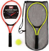 M-Y Tennis Set with orange framed racket, yellow framed racket stored in black mesh drawstring carry bag, and yellow-green tennis ball