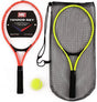 M-Y Tennis Set with orange framed racket, yellow framed racket stored in black mesh drawstring carry bag, and yellow-green tennis ball
