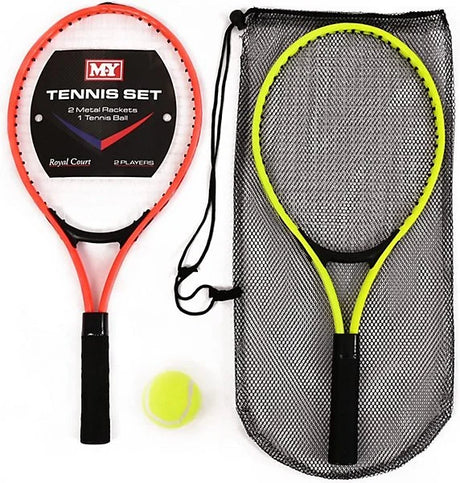 M-Y 2 Player Tennis Set showing red and yellow metal rackets, tennis ball and black mesh carry bag with drawstring on white background