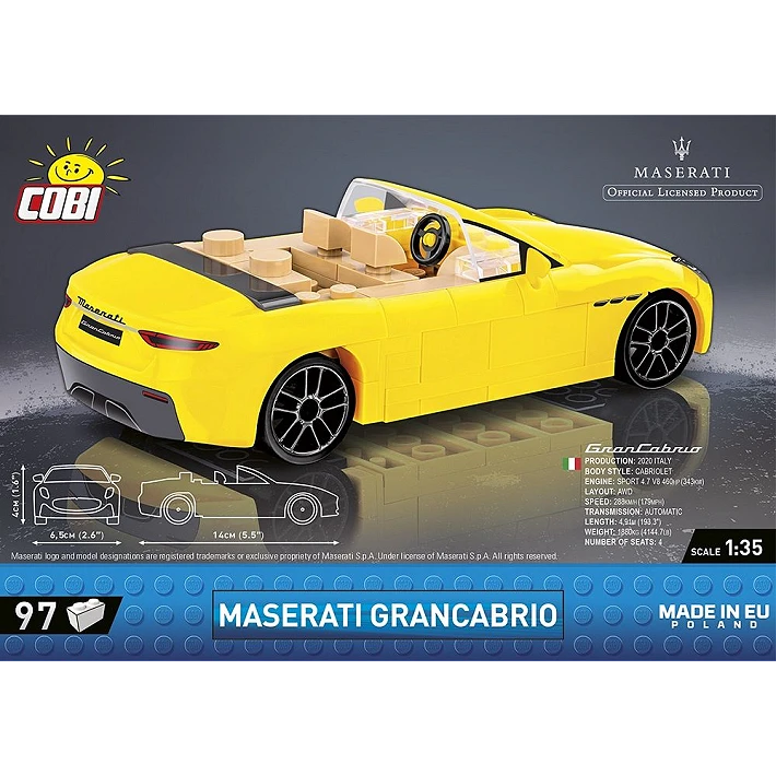 Yellow COBI Maserati GranCabrio building block model viewed from the rear