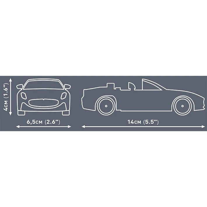 COBI Maserati GranCabrio model dimensions showing 14 cm length, 6.5 cm width and 4 cm height