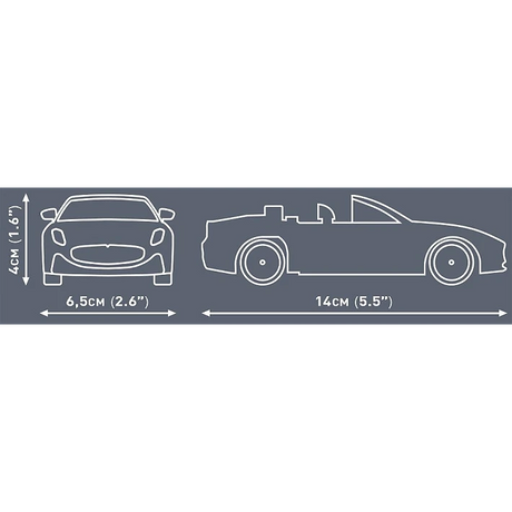 COBI Maserati GranCabrio model dimensions showing 14 cm length, 6.5 cm width and 4 cm height