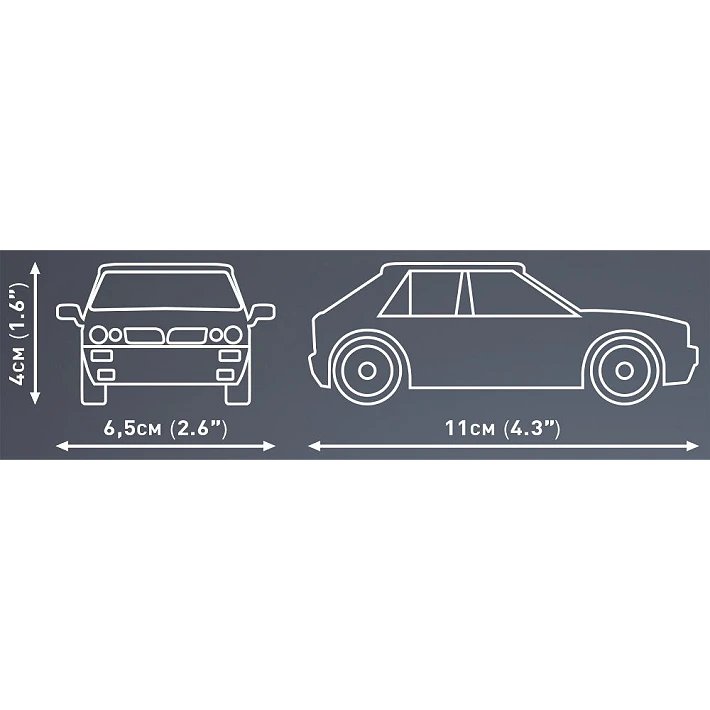 COBI Lancia Delta HF dimensions showing 11 cm length, 6.5 cm width and 4 cm height