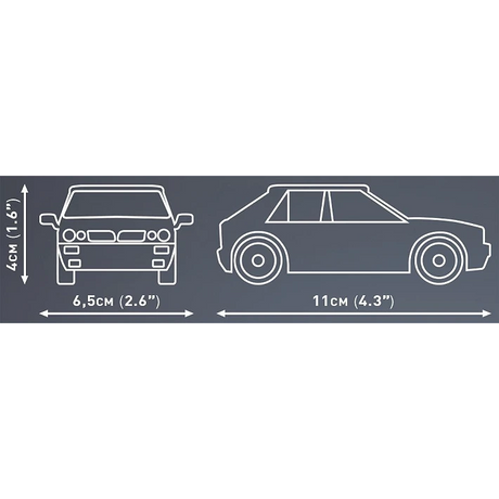 COBI Lancia Delta HF dimensions showing 11 cm length, 6.5 cm width and 4 cm height