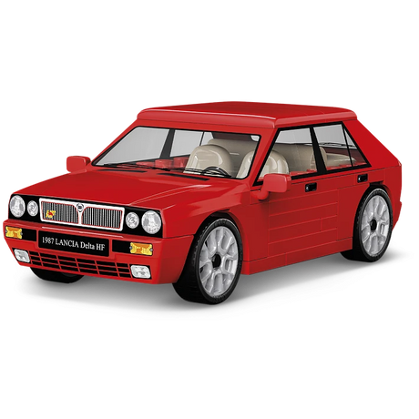 Red COBI Lancia Delta HF building block model viewed from the front and side