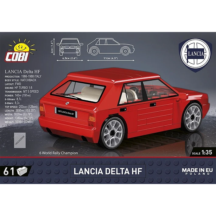 COBI Lancia Delta HF rear packaging panel with red model car viewed from the back and side