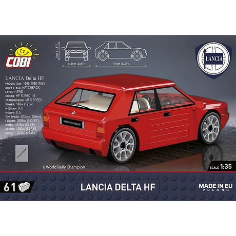 COBI Lancia Delta HF rear packaging panel with red model car viewed from the back and side