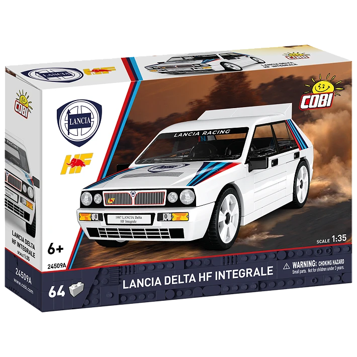 COBI Lancia Delta HF Integrale 64 piece building set box front with white model car