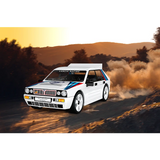 White COBI Lancia Delta HF Integrale model driving through a dusty road scene